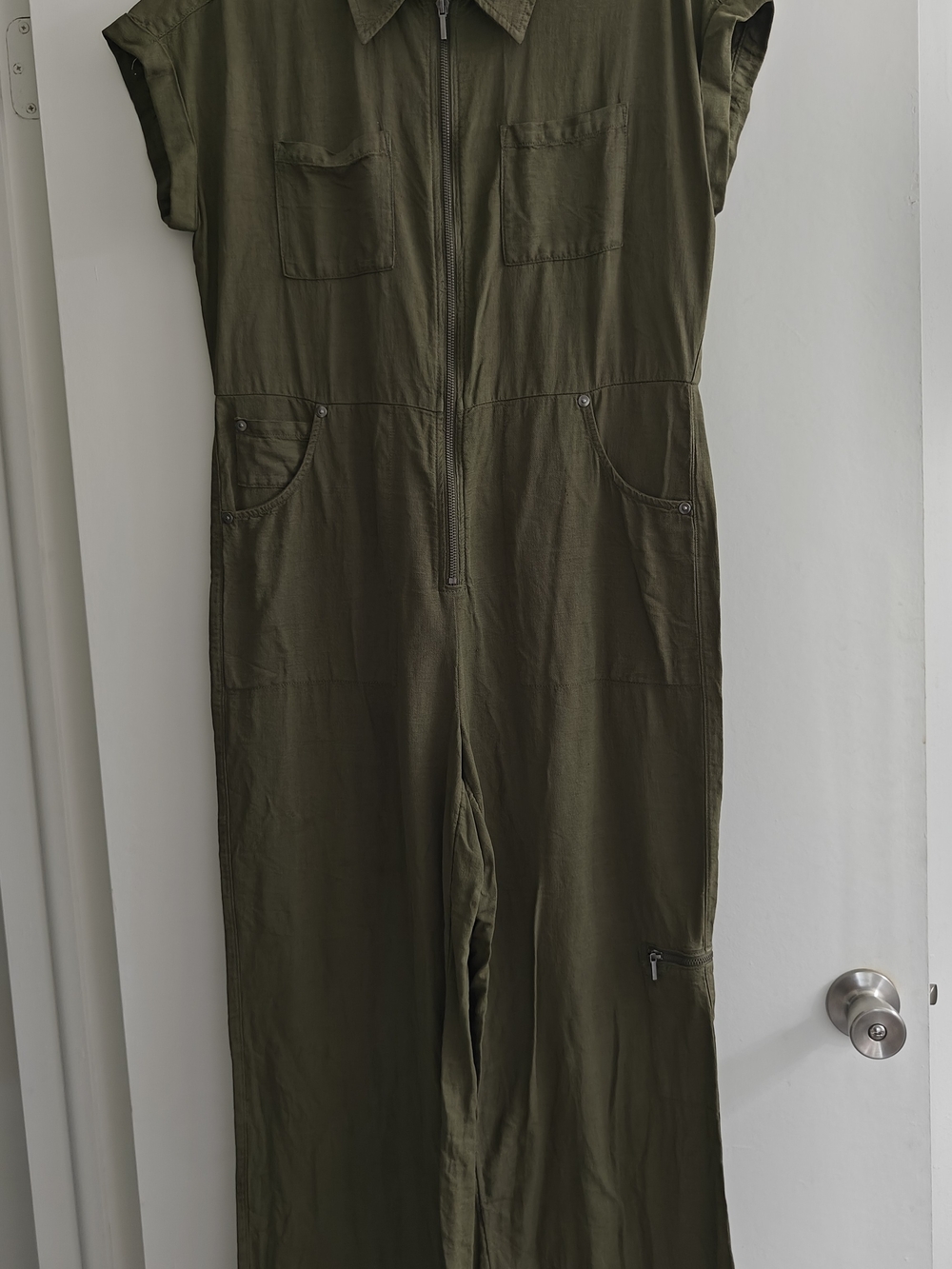 Nicole Miller New York Green Linen Lyocell Zip Front Pocket Jumpsuit 8
